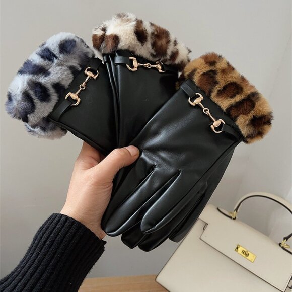 2/$30 Black Faux Leather Gloves with Grey Leopard Faux Fur Trim Gold Accent - Picture 4 of 5
